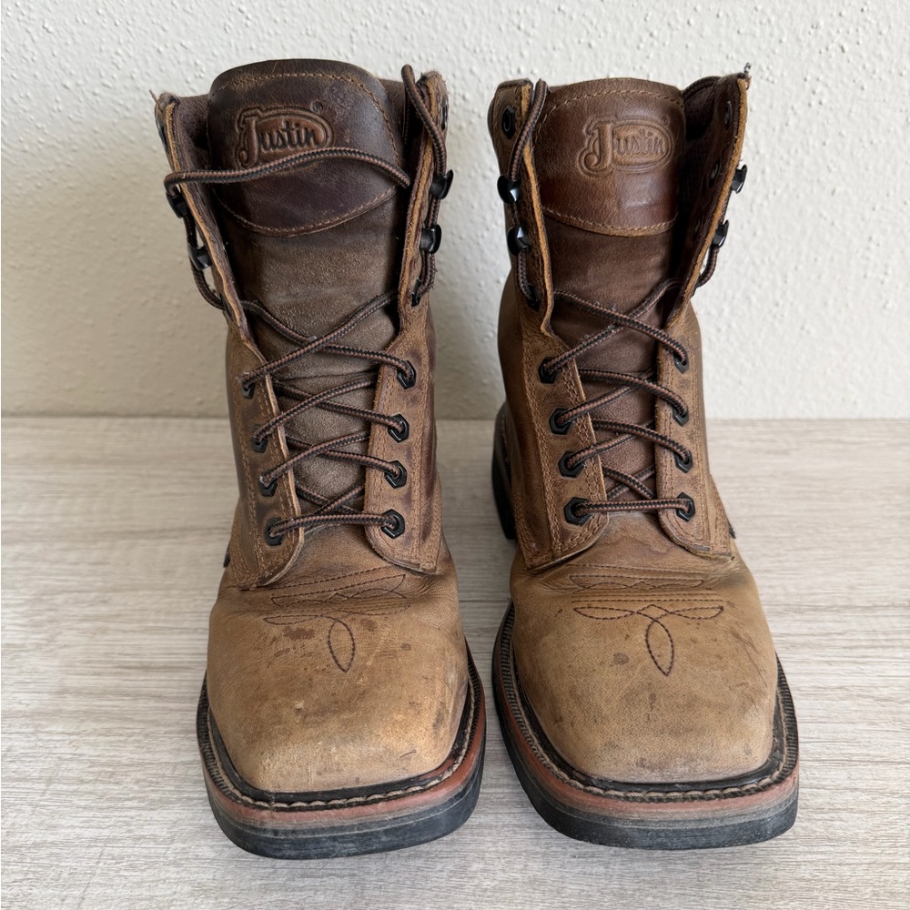 Justin Mens Pulley Brown Steel Toe Lace Up Western Work Boots SE682 size 6D - Picture 2 of 15